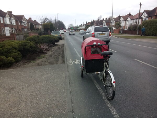 The photo for Narrow cycle lanes on Norwich Road, Ipswich.